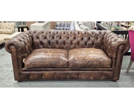 SOFA, Chesterfield style, brown leather upholstered, 250cm W approx.