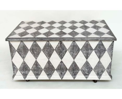 HARLEQUIN TRUNK, 19th century craquelure and diamond hand painted with rising lid, 58cm H x 110cm W x 63cm D.