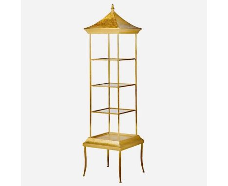 CHINESE PAGODA SHELF UNIT, gilt metal and glass.