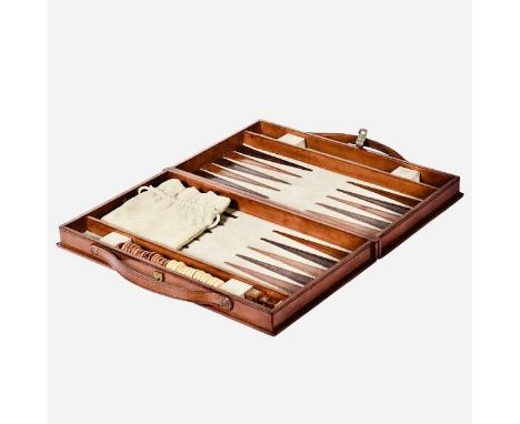 TRAVELLING BACKGAMMON SET, tan leathered case.