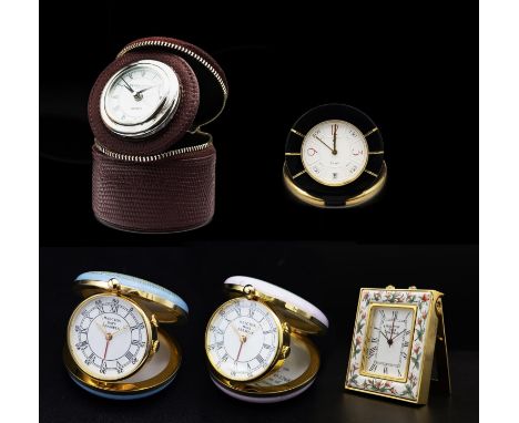 HALCYON DAYS ENAMELS, comprising various quartz travelling clocks, a penhaligon's travelling clock, an Yves Saint Laurent qua