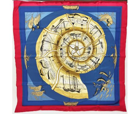 HERMÈS SCARF 'COMPAGNONS DE MER', by Loïc Dubigeon in 2000, depicting animals and sea life while on ship, hand rolled edges, 