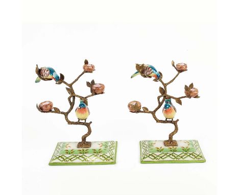 CANDELABRA, a pair, in the form of birds in trees with nests, ceramic and gilt metal 27.5cm H approx. (2)
