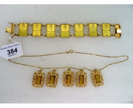 A Swiss ingot necklace and bracelet ensuite, the necklace composed of five 1 gram ingots in openwork mounts, suspended from a