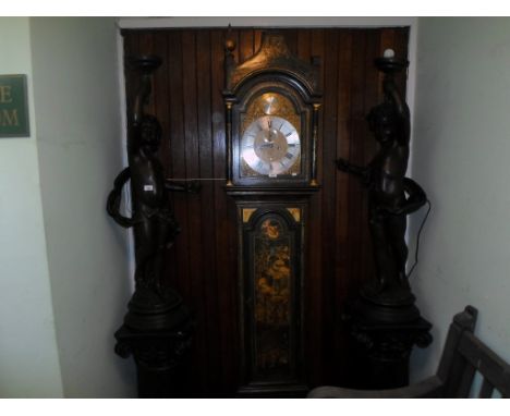 A 19th century green and gilt painted longcase clock, the eight day movement signed  Joseph Lum, London, the silver chapter d