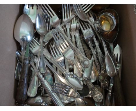 A large quantity of silver plated flatware, comprising: large forks, small forks, tablespoons and teaspoons, mainly by Geisli