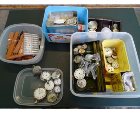 A quantity of wrist and pocket watch components, to include: rings, faces, hands, cog wheels, leather straps and various watc