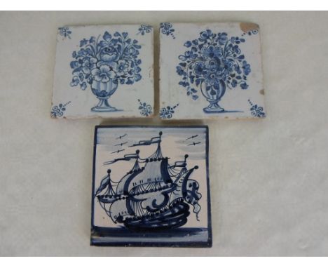 A blue and white Delft tile depicting a galleon at full sail (13.5cm²), together with two near matching blue and white tiles,