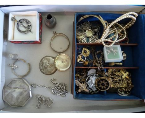 A mixed lot to include: silver findings, a Celtic white metal brooch, Victorian mourning pendant and a quantity of other whit