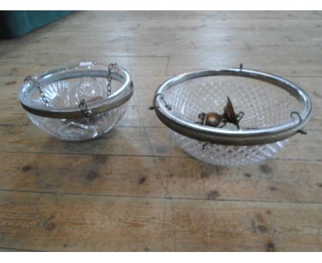A cut glass ceiling circular light shade (30.5cm diameter), together with a larger pressed glass light shade.
