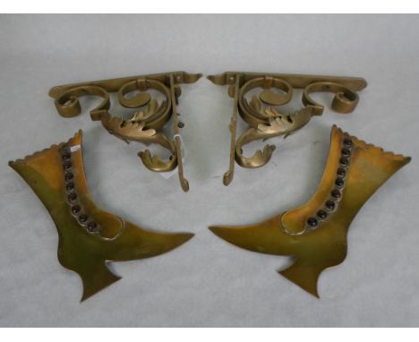 A pair of brass wall shelf brackets, having scrolled leaf design, stamped Carter & Aynsley Limited, London, together with a p