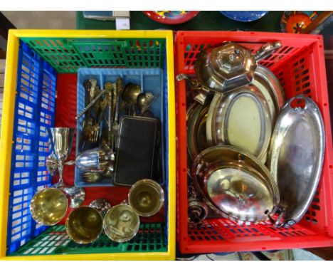 A large quantity of silver plated items, to include: six pedestal goblets, tureens, a coffee pot, flatware and other items.