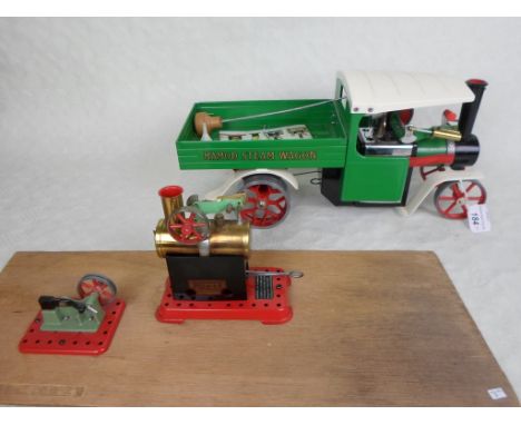 A boxed Mamod SW1 seam wagon, in original box with accessories (appears unused), together with a Mamod steam engine mounted t