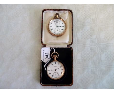 A 9ct gold pocket watch, the white enamel dial bearing Roman numerals and subsidiary seconds at 6 o'clock, keyless lever plat