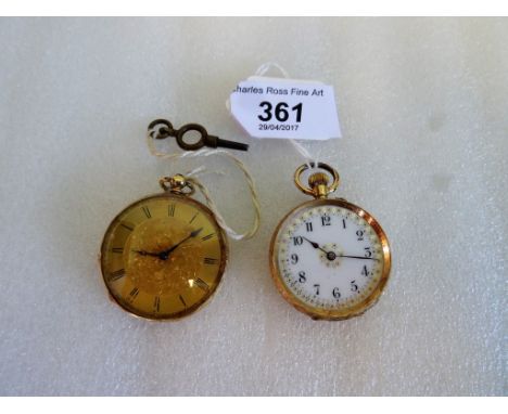 A lady's 18ct gold cased fob watch, the case having chased decoration throughout, the dial bearing Roman numerals, together w