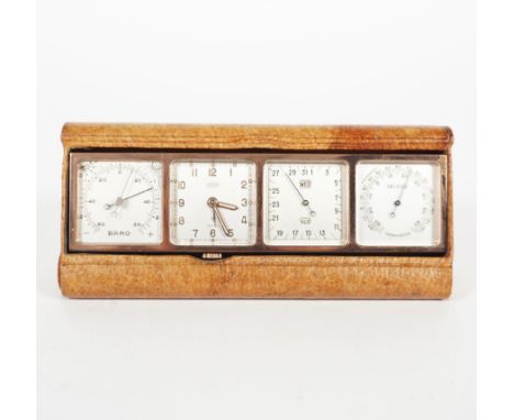 REISEWECKER MIT WETTERSTATION,Hersteller Angelus, Barometer; Uhr mit Wecker, 8-Tagewerk; Kalender; Thermometer, MZ, in orig. 