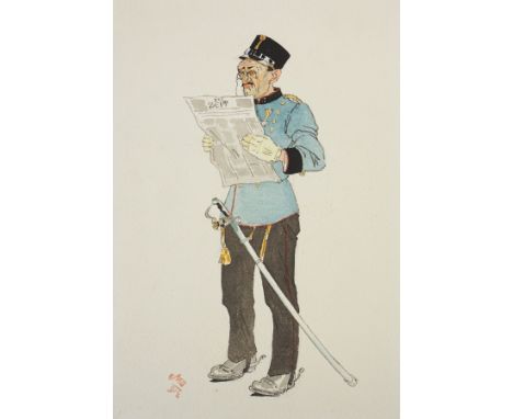 KARIKATURIST/ MONOGRAMMIST, 19./ 20.Jh.,Aquarell, Portrait eines österreichischen Offiziers, "Die Zeit" lesend, links unten m