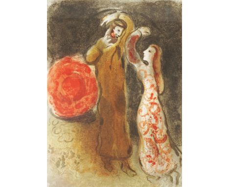 CHAGALL, Marc (*1887 Ljosna; †1985 Saint-Paul-de-Vence),Farblithographie, "Ruths Treffen mit Boas", ILL zu: Bibel II, Ausschn