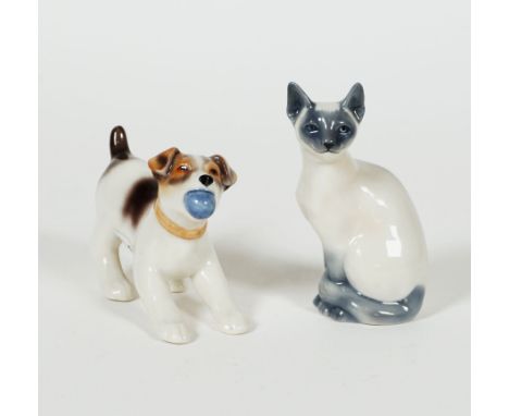 FIGUREN, Konvolut von 2, Porzellanmanuf. Royal Copenhagen,Mini-Collection, Siam-Katze (681) u. Foxterrier-Welpe (743), golden
