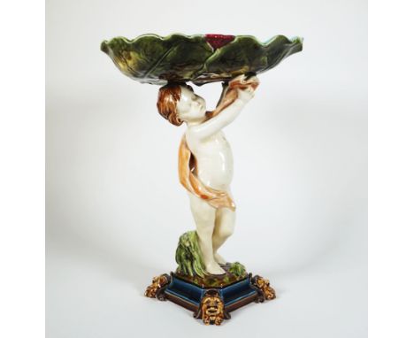 FIGURENTAZZA/ TAFELAUFSATZ/ CENTERPIECE, um 1900,Manuf. wohl Utzschneider u. Cie/ Sarreguemines, polychrome Majolika, Junge a