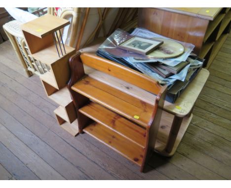 A pine wall shelf, CD rack and two tier trolley on castors (3)