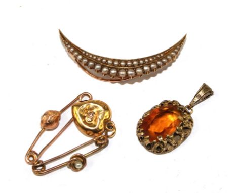 A pearl set crescent brooch, two small bar brooches, etc