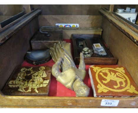 Two early glazed ceramic floor tiles, carved wood and gilt ecclesiastical figure 25cm , coat hook, pen tray and other items