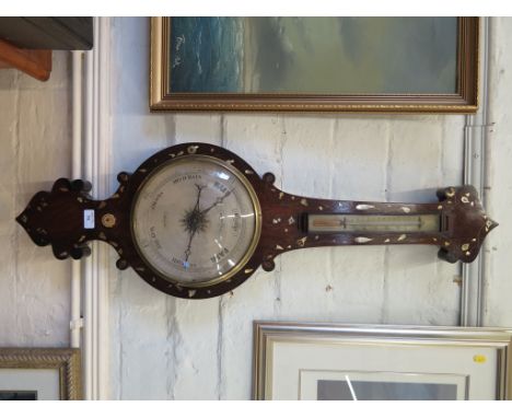 An early 19th century rosewood and mother of pearl inlaid banjo barometer with alcohol thermometer and silvered dial, inscrib