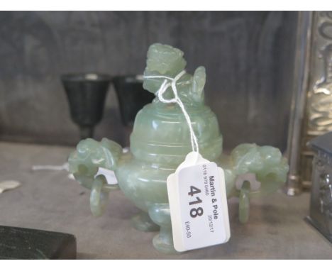A small jade carving of an incense burner, 10cm high