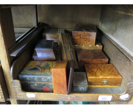 A collection of wooden trinket boxes, including inlaid, bird eye maple, amboyna and leather (11)