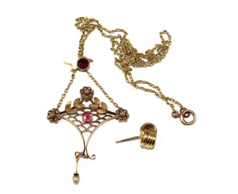 A pearl and garnet pendant and chain
