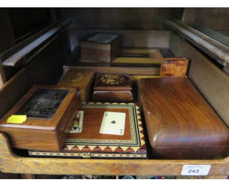Eight boxes including playing card, straw and Sorrento inlaid boxes
