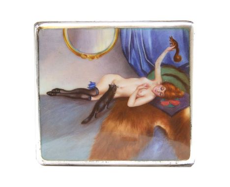 A German 935 silver and enamel cigarette case, the top with painted image of a female nude in black stockings lying on a couc