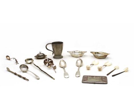 Sundry metalwares, including some silver cutlery, Tudric pewter ER Vll 'Osborne' mug, shell spoons, etcCondition report: Cond