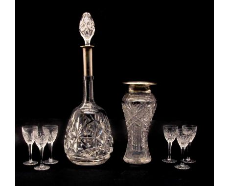 A silver topped decanter, together with a silver topped vase and six liqueur glasses