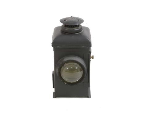 A vintage Adlake railway lamp, with black painted finish and converted to electricity for use as a table lamp, 40cm highCondi