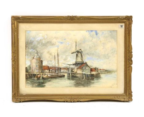 Louis van Staaten (1836-1909)Boats moored before a windmill; A windmill on a river side; Figures on a quaysidethree, signed l