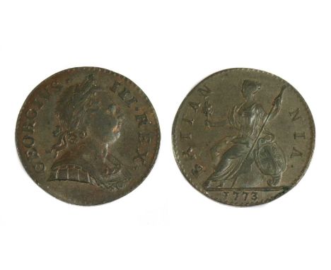 Coins, Great Britain, George III (1760-1820), Halfpenny, 1773, first issue Tower Mint, VF or better with a little lustre