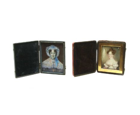 A Victorian cased portrait miniature of a young woman with tied up curly hair, 7.5cm x 6cm, and one other of an elderly woman