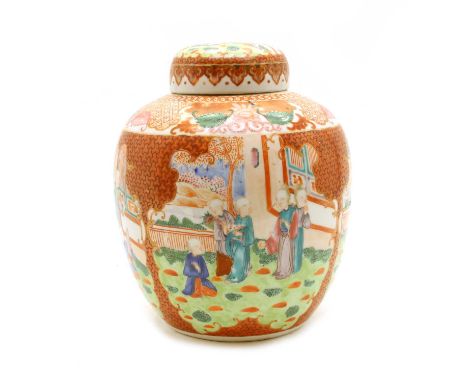 A Chinese 19th century porcelain ginger jar, the iron red borders with pictorial reserves depicting figures in a garden, bear