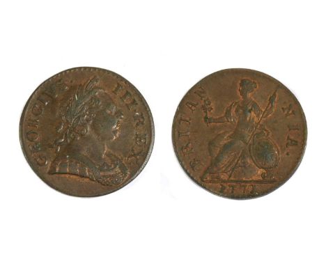 Coins, Great Britain, George III (1760-1820), Halfpenny, 1771, first issue Tower Mint, VF+ with traces of lustre