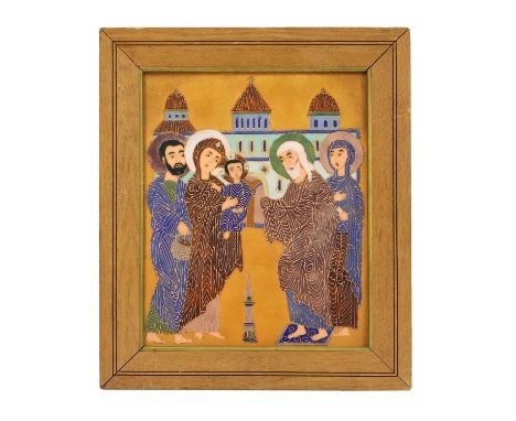Russian cloisonne enamel icon, 20th century, depicting figures to an orange ground,framed, panel35 x 28cmCondition report: Kn