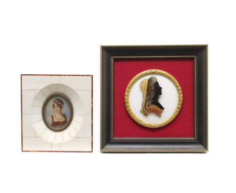 A portrait miniature, 20th century, depicting a lady in a red and white dress, indistinctly signed, 4.9cm x 3.7cm, and a reve