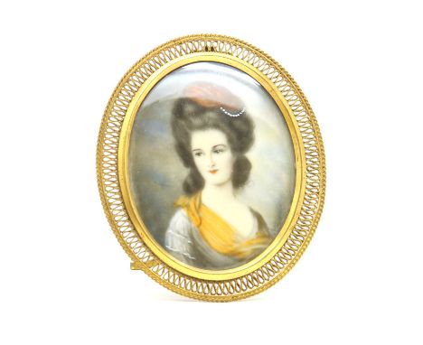 A 19th century French portrait miniature, depicting a lady in white dress, on ivory, in gilt metal pierced easel frame, 8 x 6