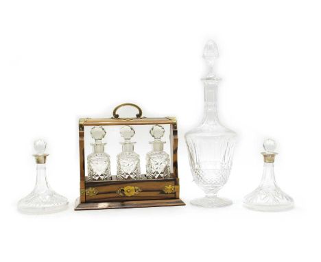 A St Louis crystal glass 'Tommy' pattern decanter, acid marked, 37cm high, together with a pair of miniature cut glass ships 