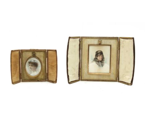 Two portrait miniatures on ivory, both depicting female sitters in yellow metal frames, the largest 10.5 x 7.5cm, each in ori