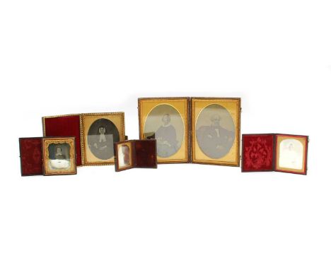 6 Dauguerreotype cabinet portrait photographs, each in a folding pressed leather case, the largest a hinged oval pair, 18 x 1