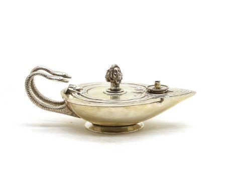 A Victorian silver novelty table lighter, in the form of an Egyptian styled oil lamp, possibly George Angell &amp; Co, London