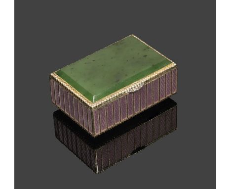 A gold, nephrite and enamel rectangular box by Fabergé, the body with bevel-edged nephrite base within seed pearl border (one