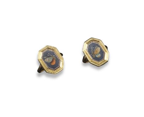A pair of early 19th century romantic micromosaic rings, the octagonal copper-based mosaics depicting butterflies, emblematic